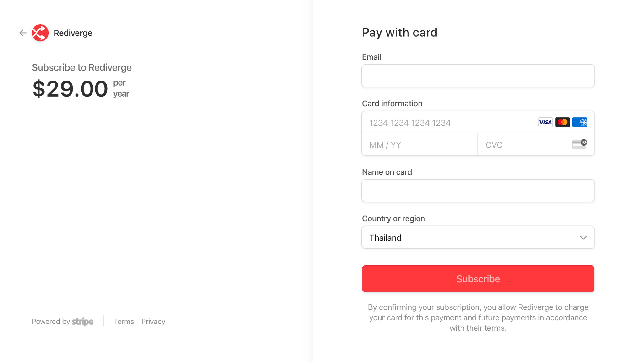 Ridisegna la pagina di iscrizione fornita da Stripe