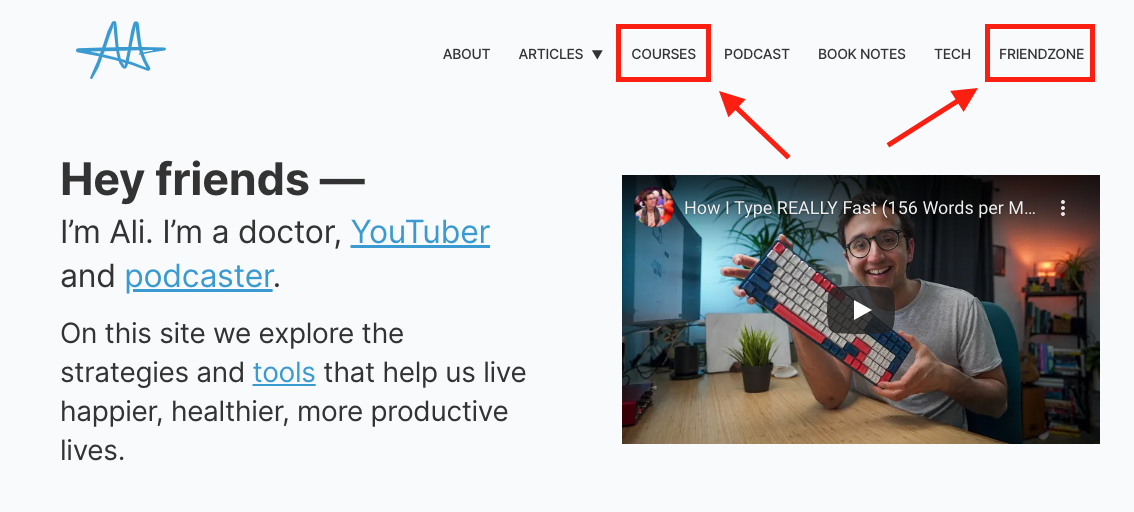 ali abdaal homepage on ghost