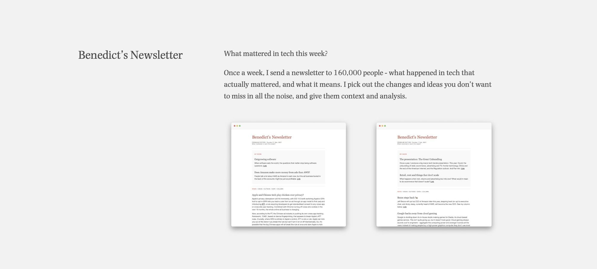 An example of newsletter previews on Benedict's Newsletter