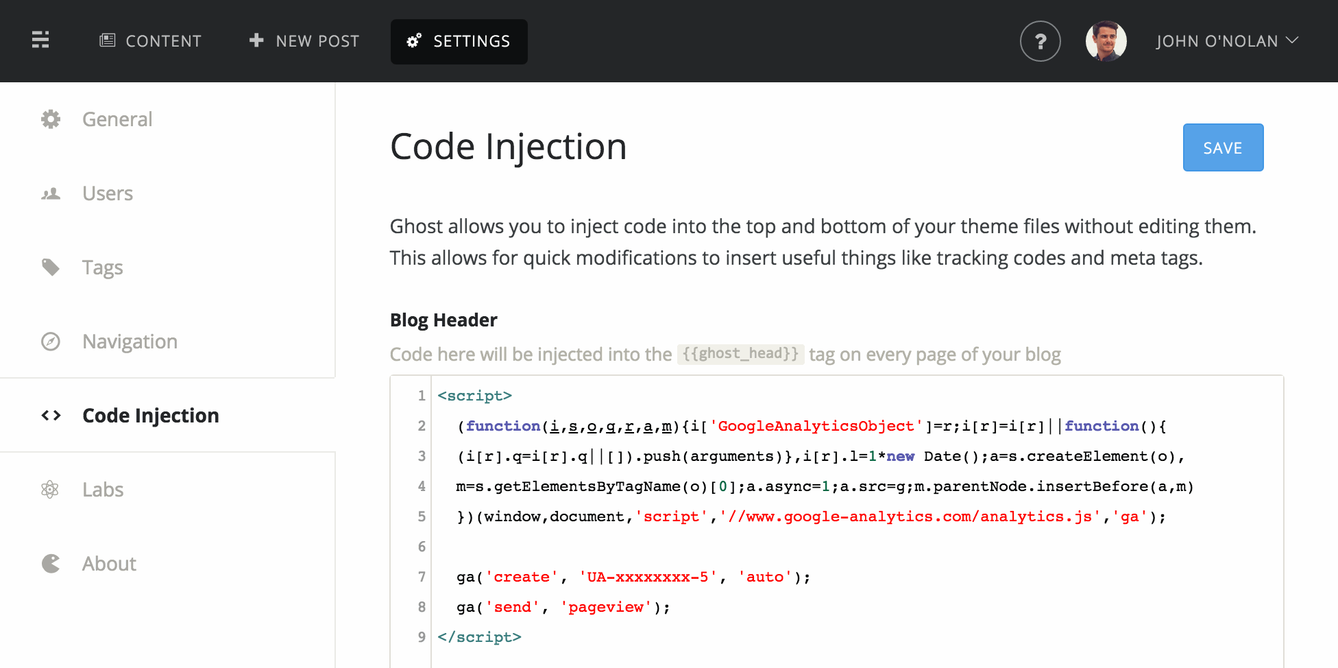 Ghost Code Injection for Analytics Tracking & Meta Tags