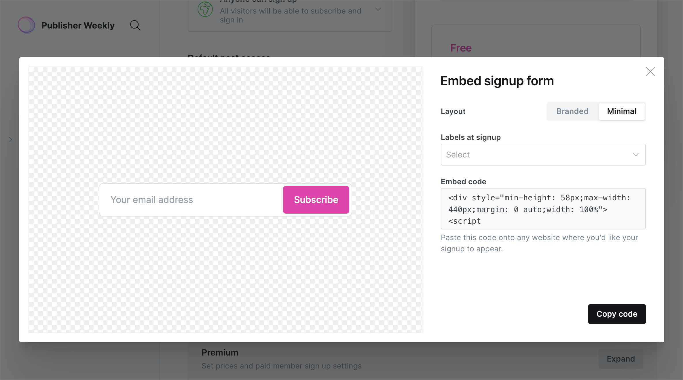 Embeddable signup forms