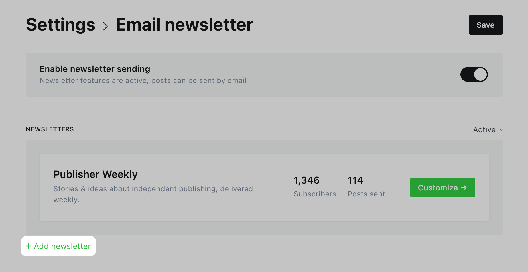 Email newsletter settings screen, focus on the "Add newsletter" button