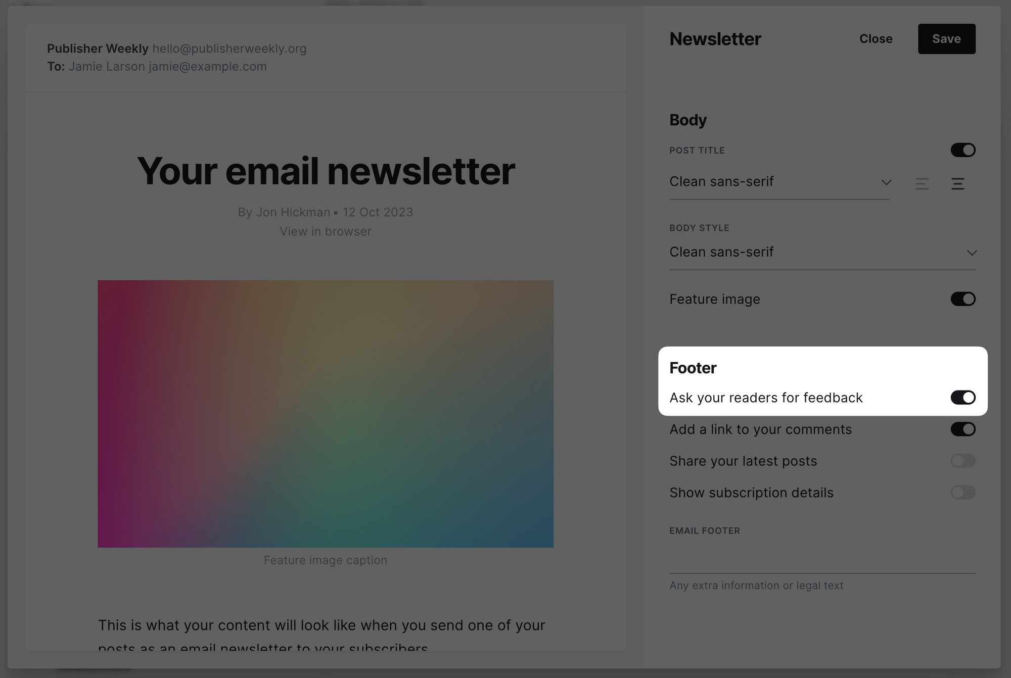 The toggle switch for the newsletter feedback setting