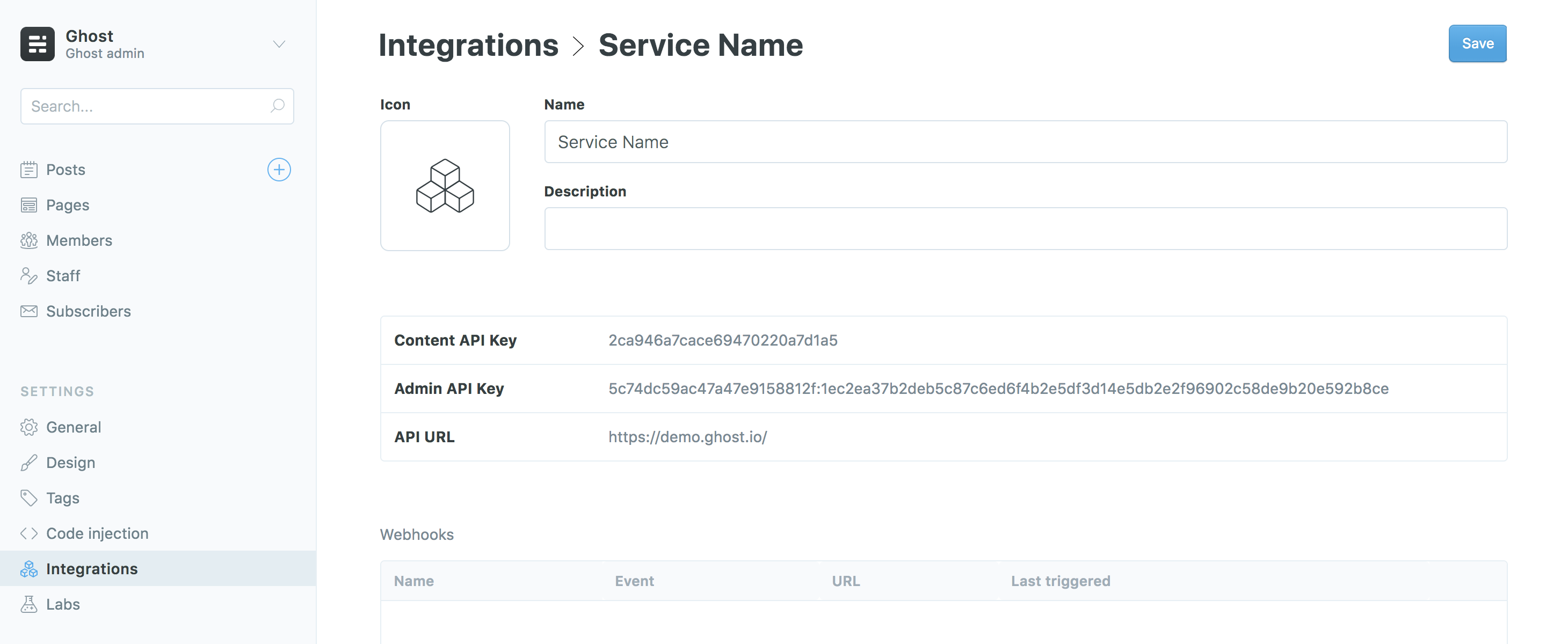 Screenshot of the Integrations view when adding a Service