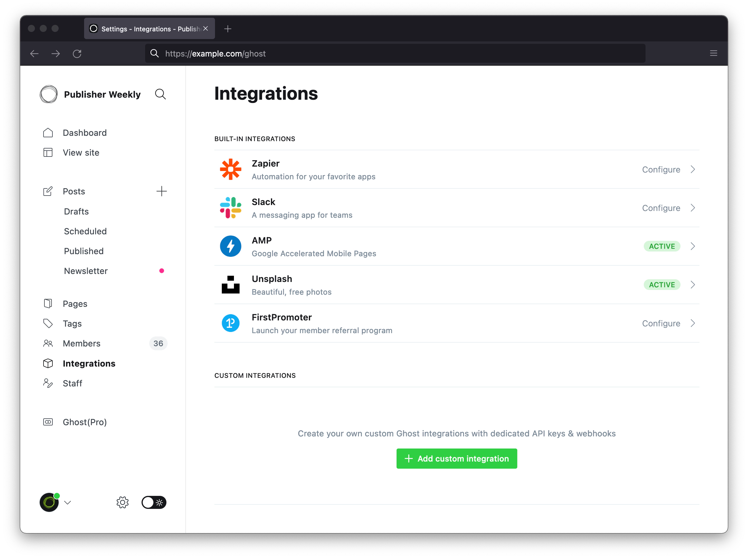 custom integrations in Ghost