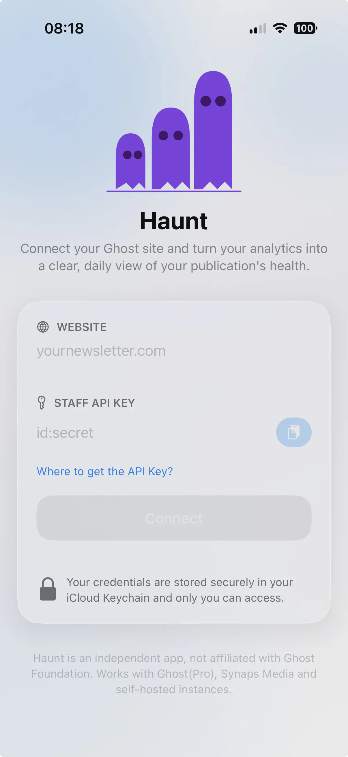 Haunt setup screen for entering a Ghost site domain and Staff API key