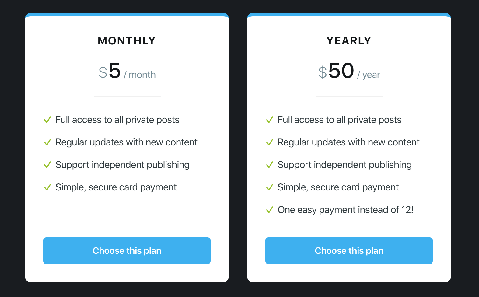A pricing structure example for a membership business