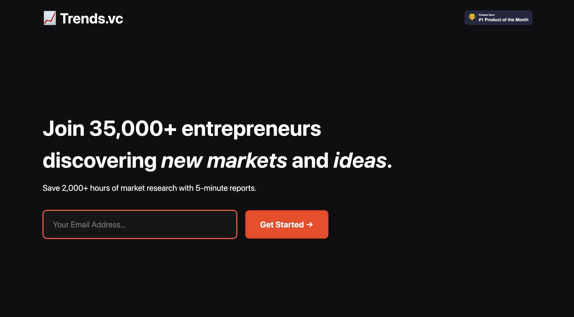 Trends.vc social proof on the sign up page, featuring a product hunt award, and the number of subscribers