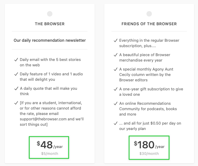 the browser pricing table
