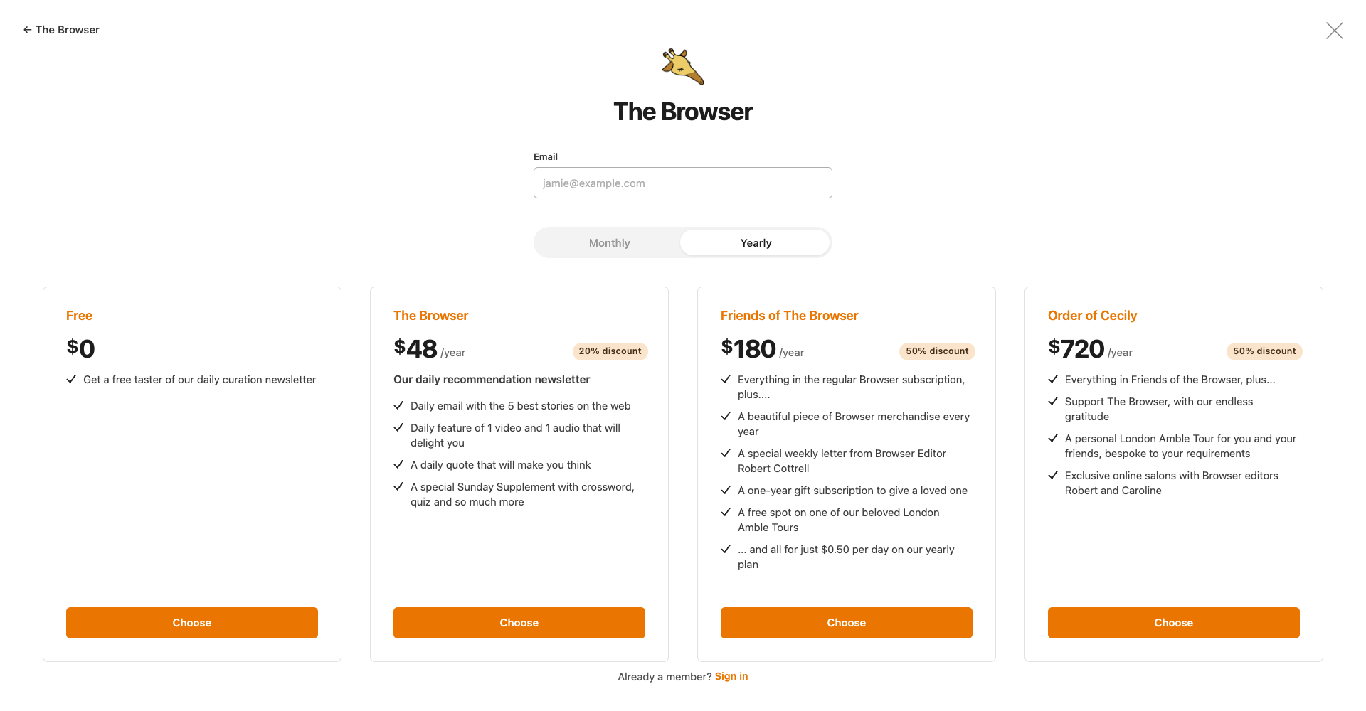 Pricing tiers for The Browser
