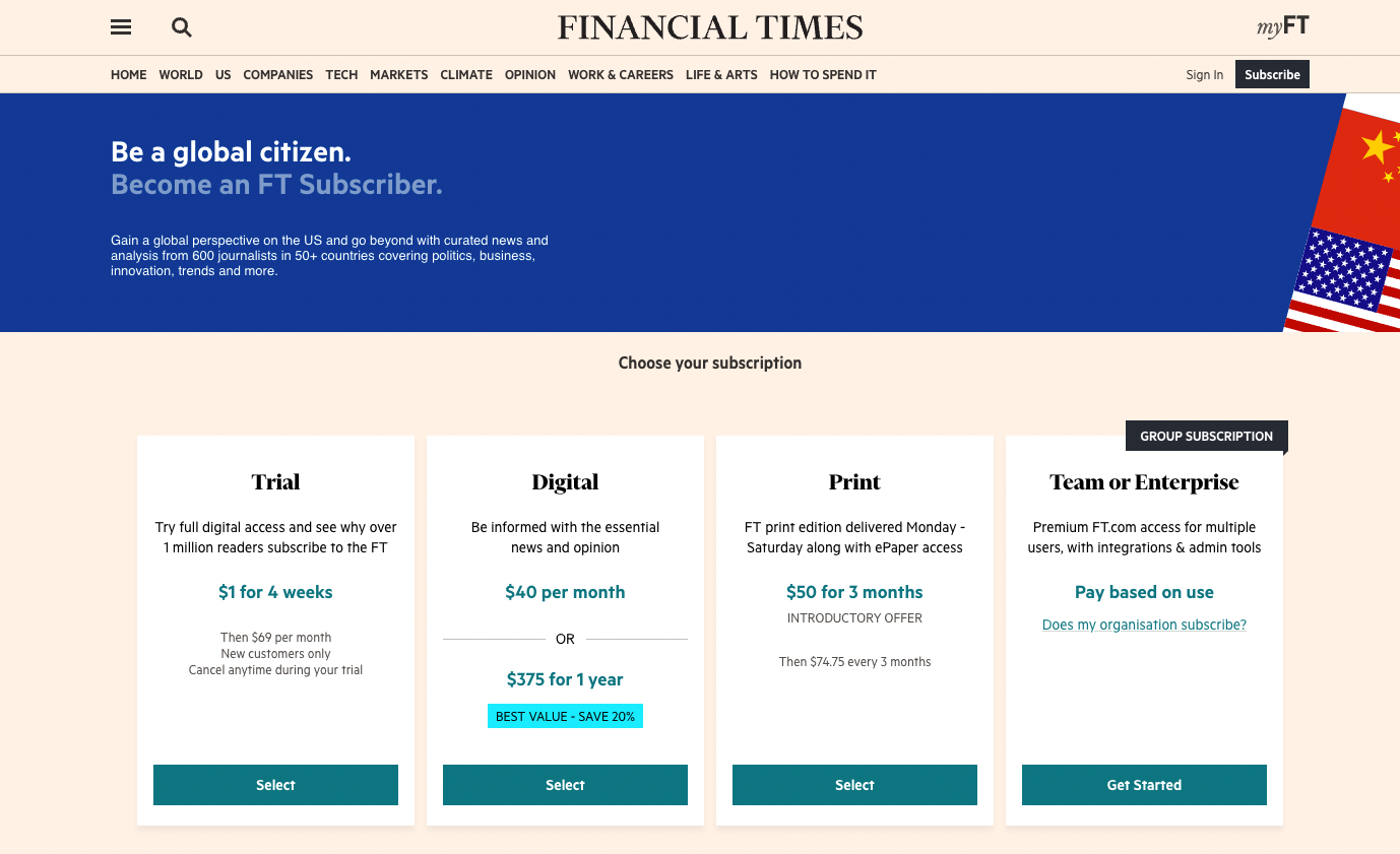 Financial Times pricing page
