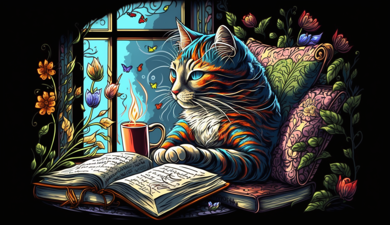 An illustration of a cat reading a book in a cosy room