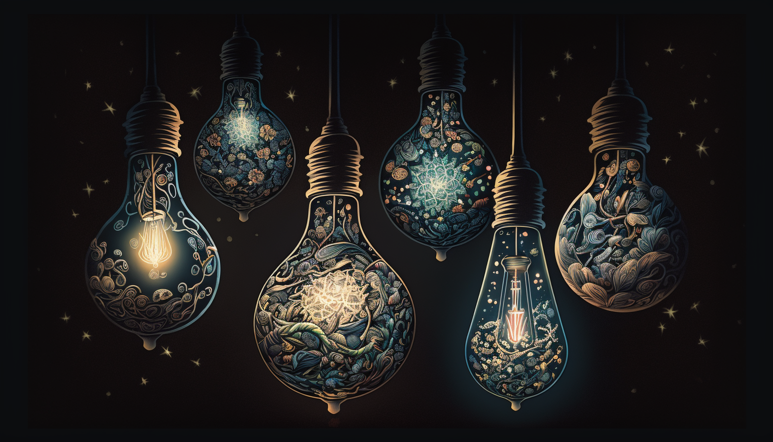 An illustration of five intricate lightbulbs