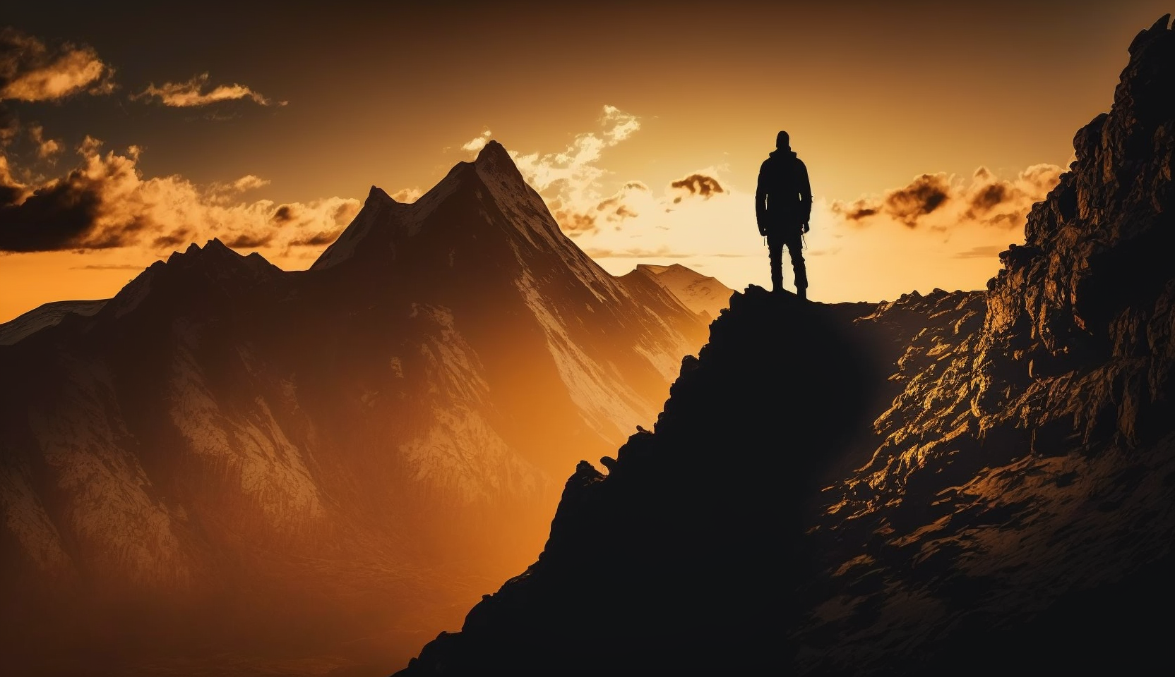 A silhouette of a person stood on a mountain at sunset