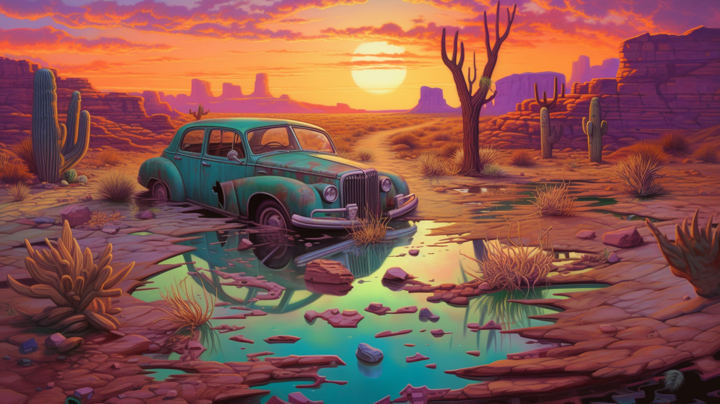 a car that is sinking in the sand in a desert at sunset