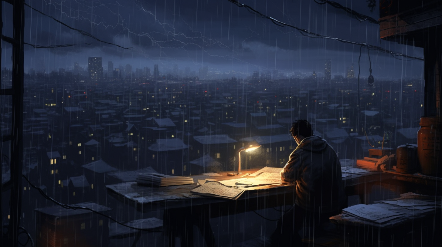 A person writing under a lamp in a gloomy rainy city setting