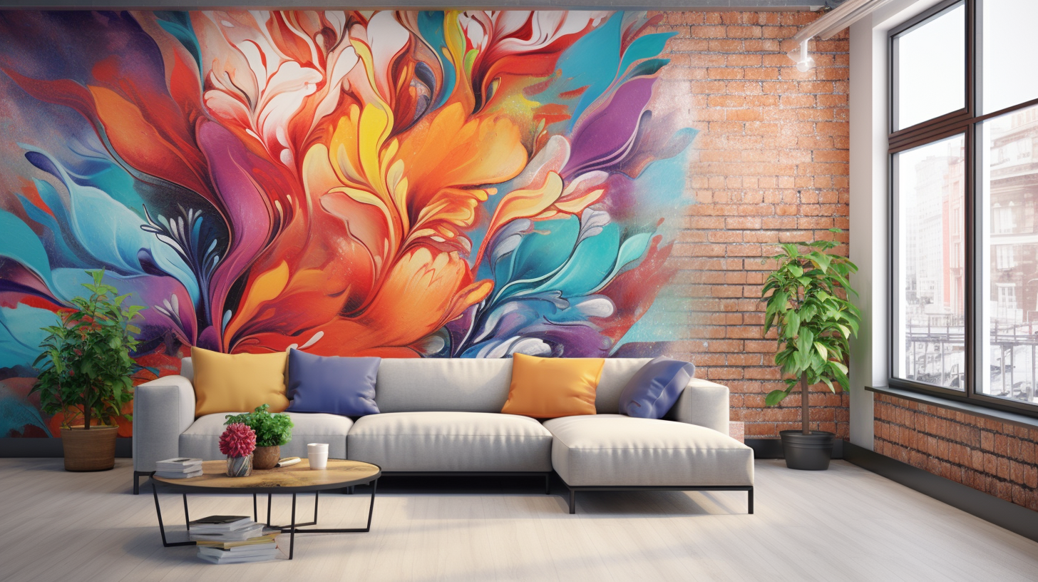 a modern room with a creative painting on a brick wall