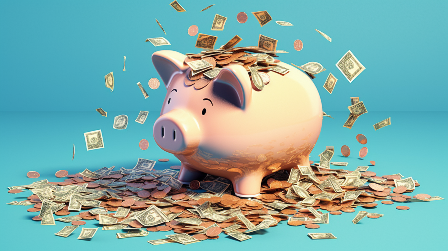 a piggy bank with money spilling out of it against a blue gradient background