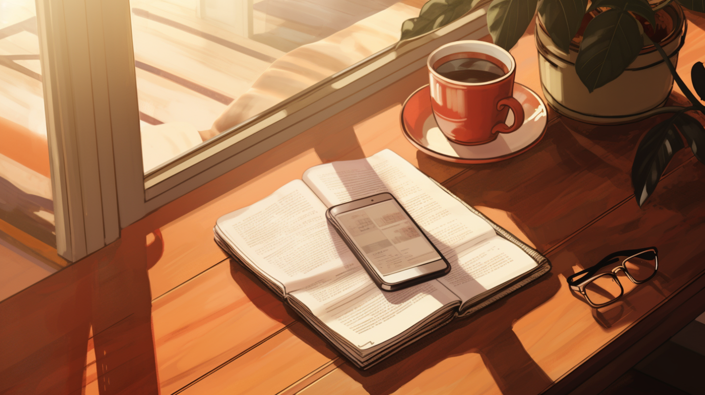 A cell phone on a note book with a coffee next to a window, illustration