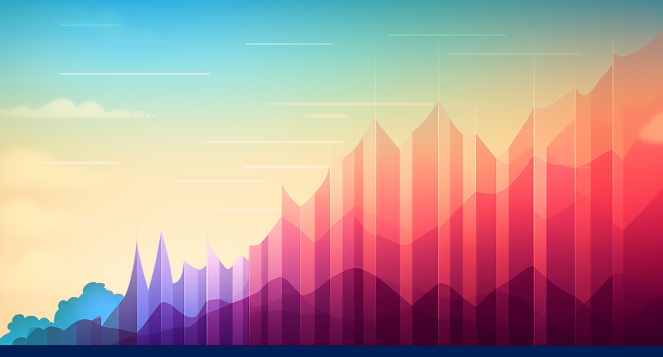 An illustration of a graph trending upwards that looks like mountains against a gradient sky