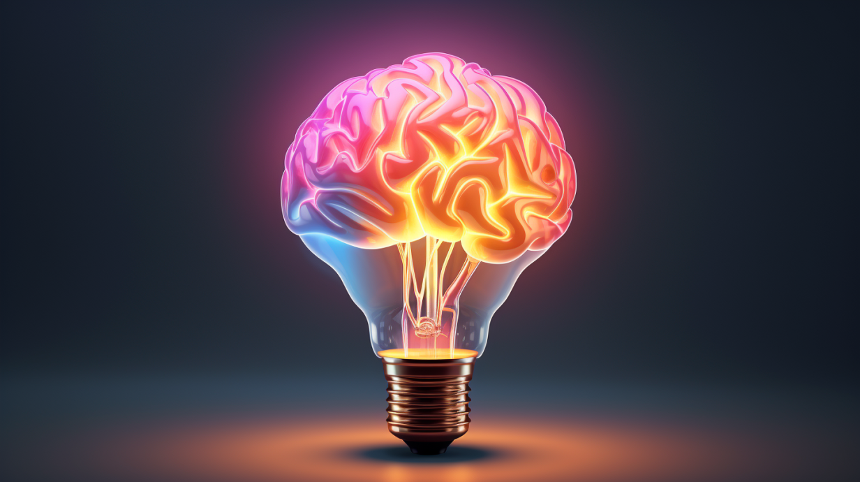 A lightbulb with a brain inside it, neon lights, on a grey background