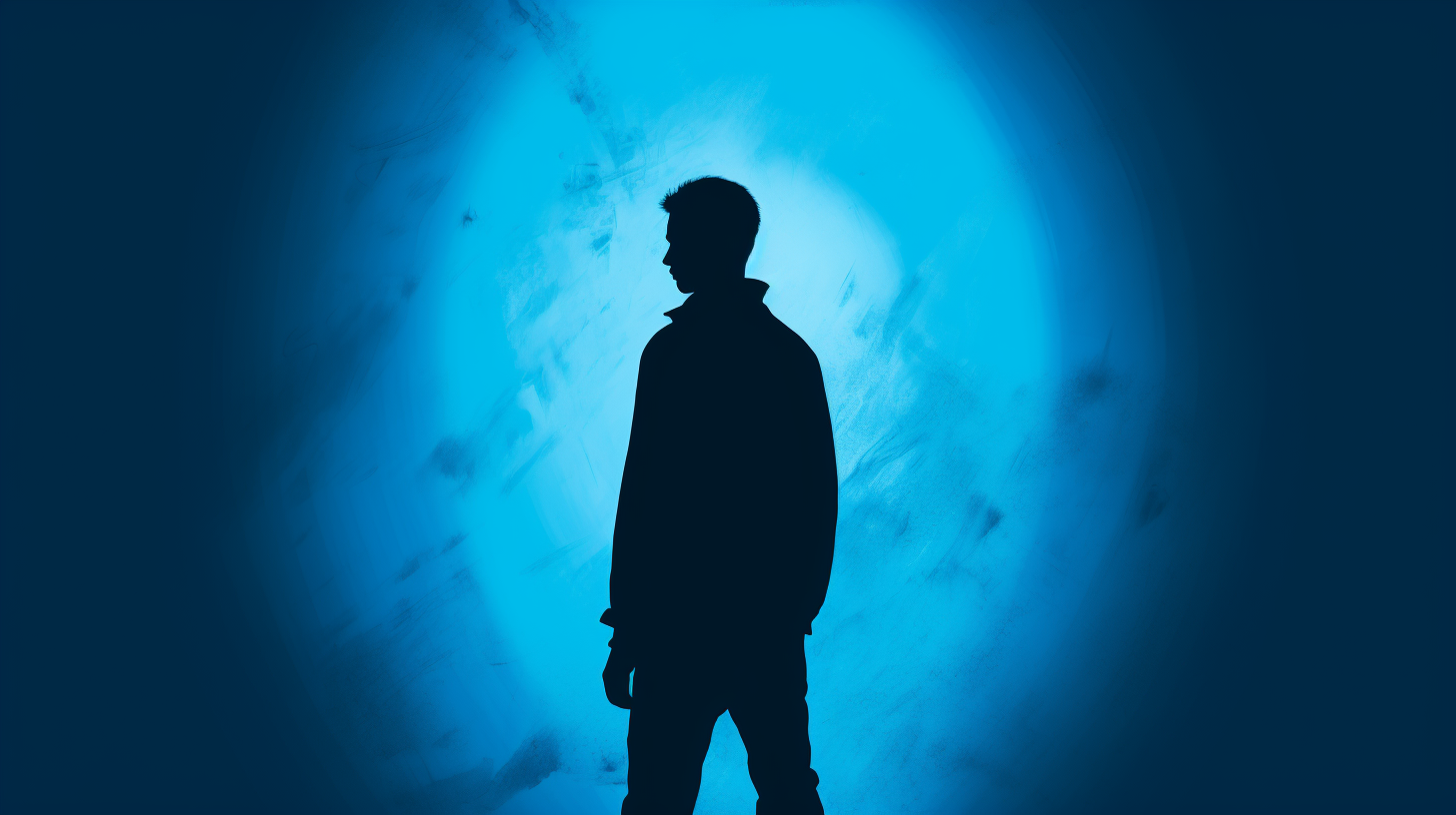 a silhouette of a person in front of a blue spotlight on a dark wall
