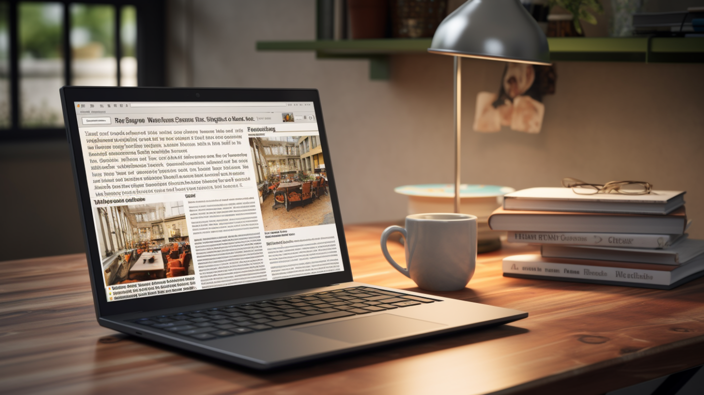 a laptop with a magazine on the screen in a modern office space