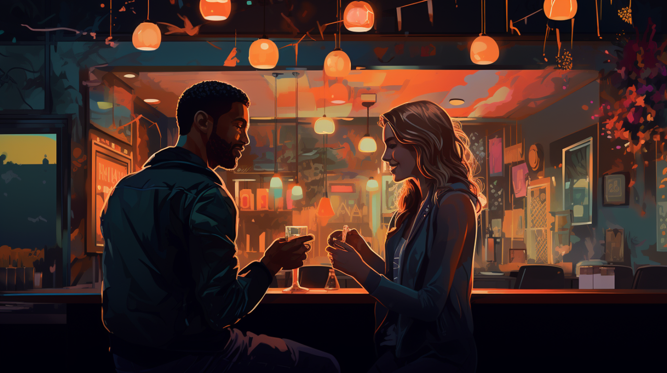 two people meeting in a bar, illustration