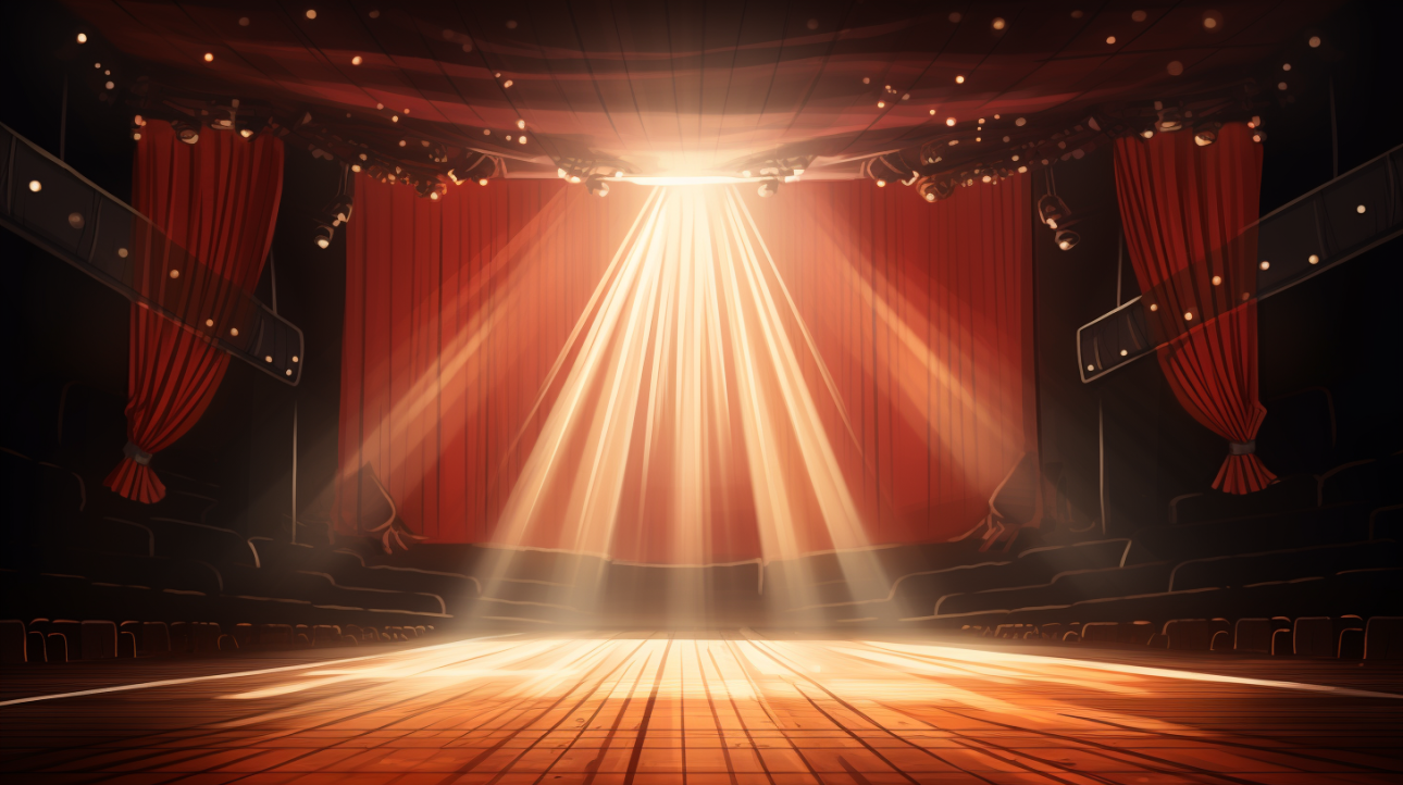 an illustration of a spotlight on a stage, red curtains