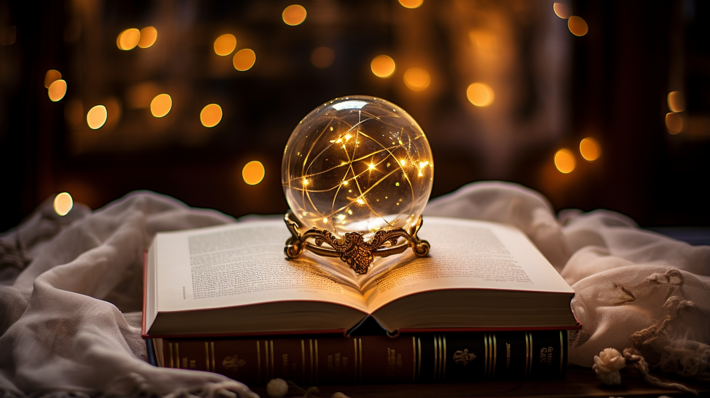 imagen de una bola de cristal con luces de hadas encima de un libro