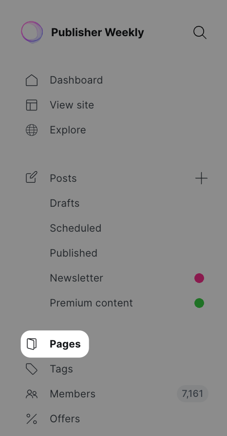 Pages option on Ghost menu