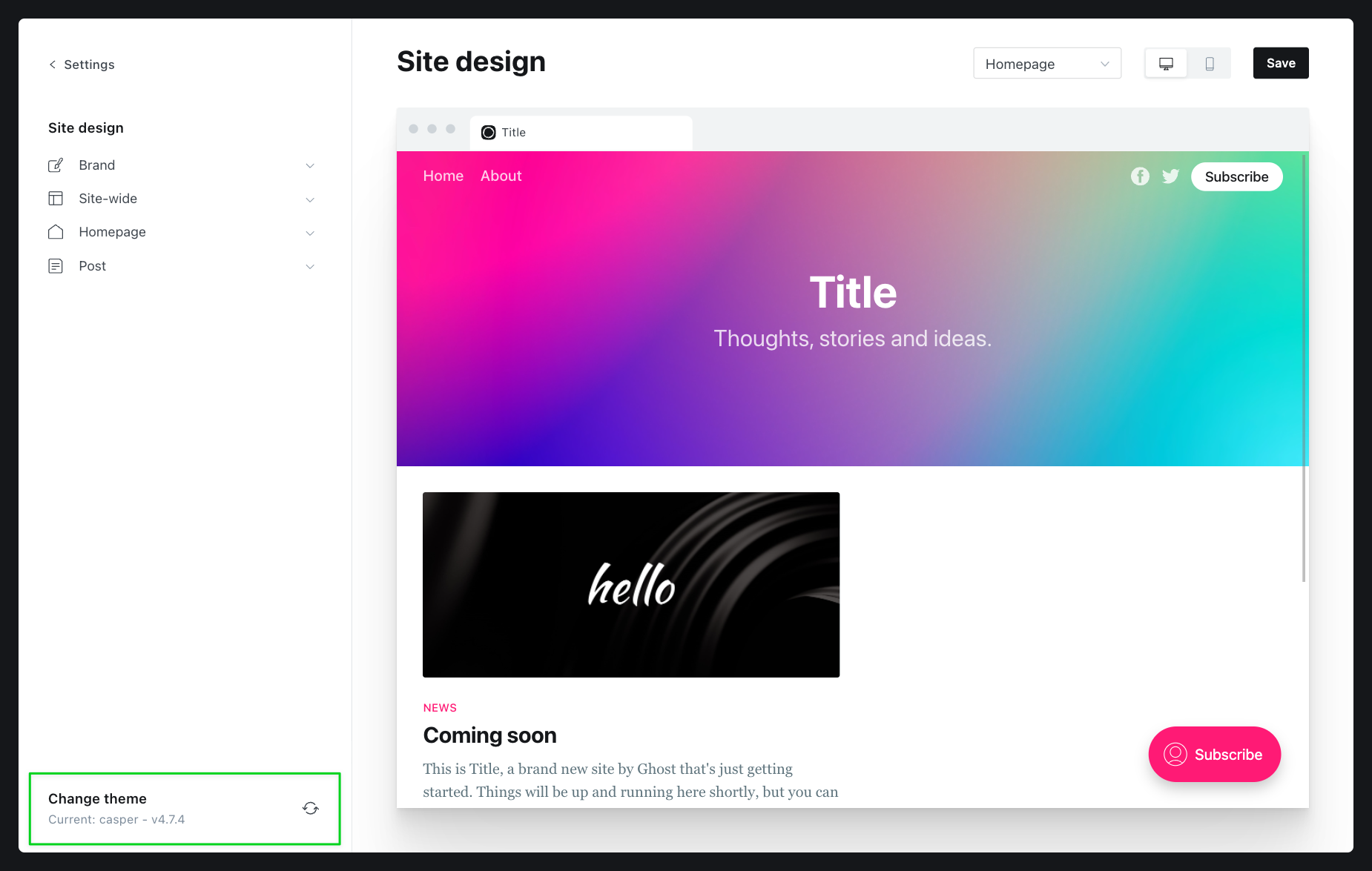 Design page with Change theme option highlighted