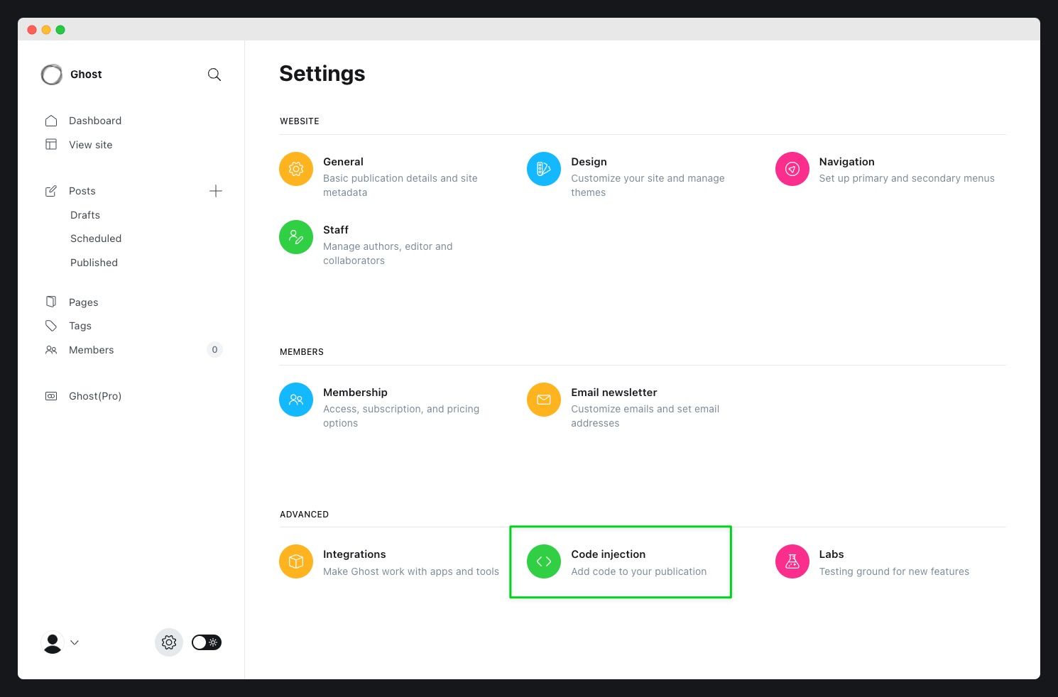 Ghost Settings page with Code Injection option highlighted