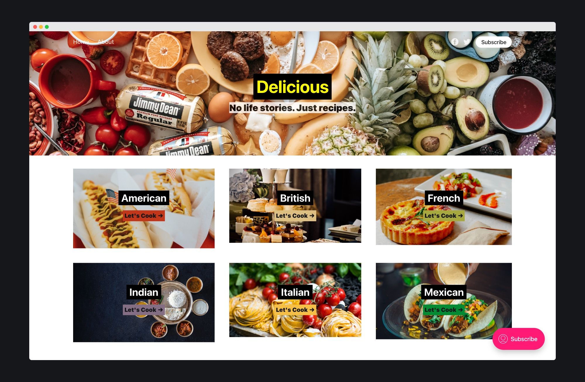 Website showing cuisine collections