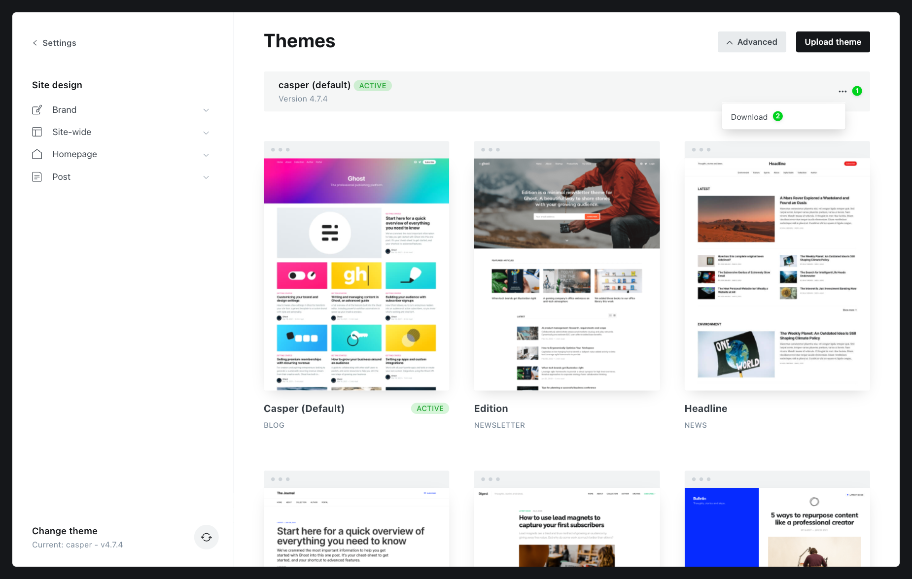 Themes page with Download option highlighted