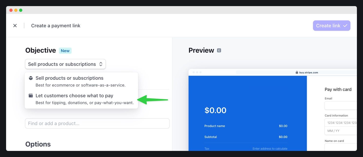 Create payment link screen with choice to let customers choose what to pay