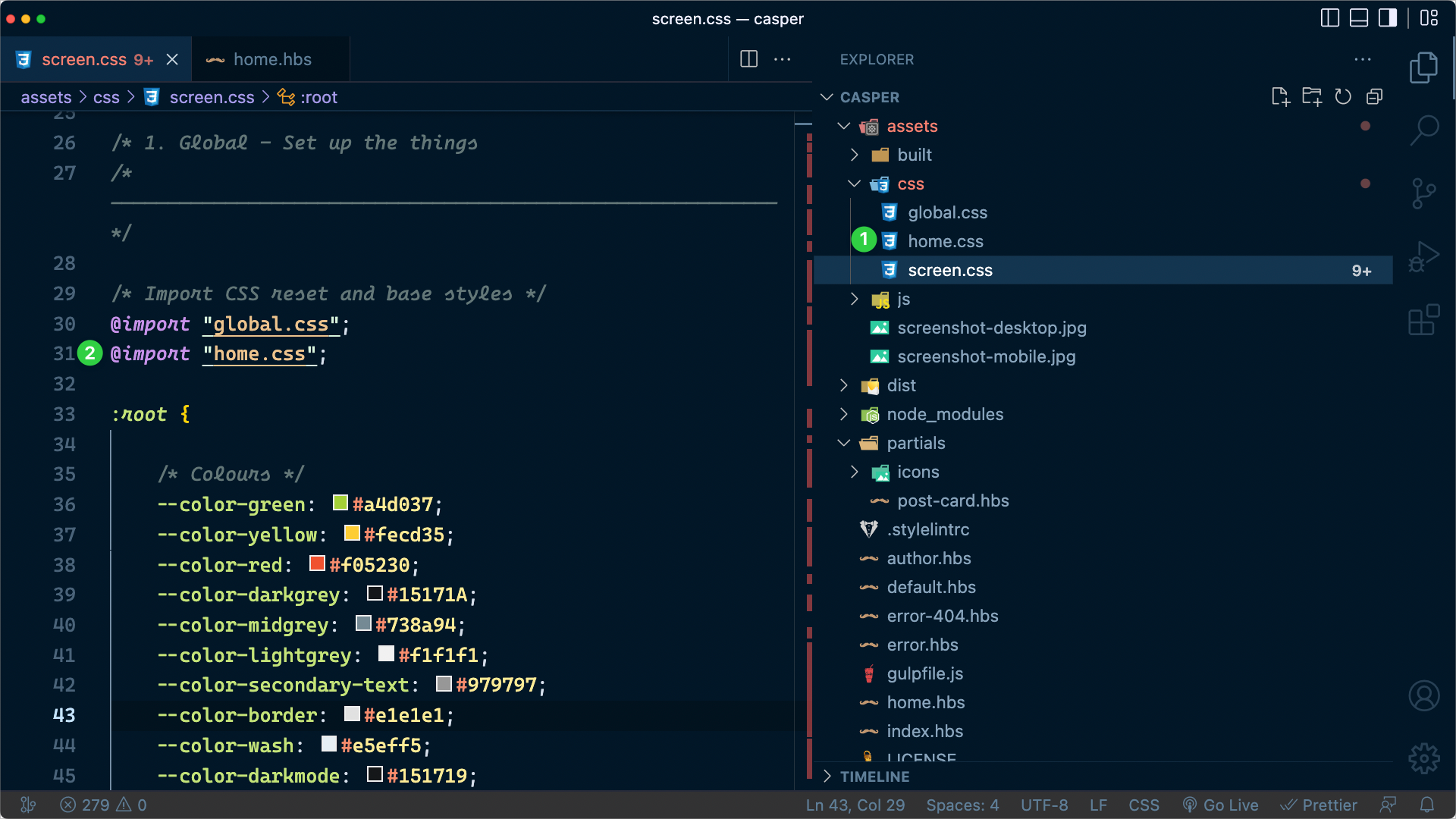 Code editor showing the new home.css file and importing it into screen.css