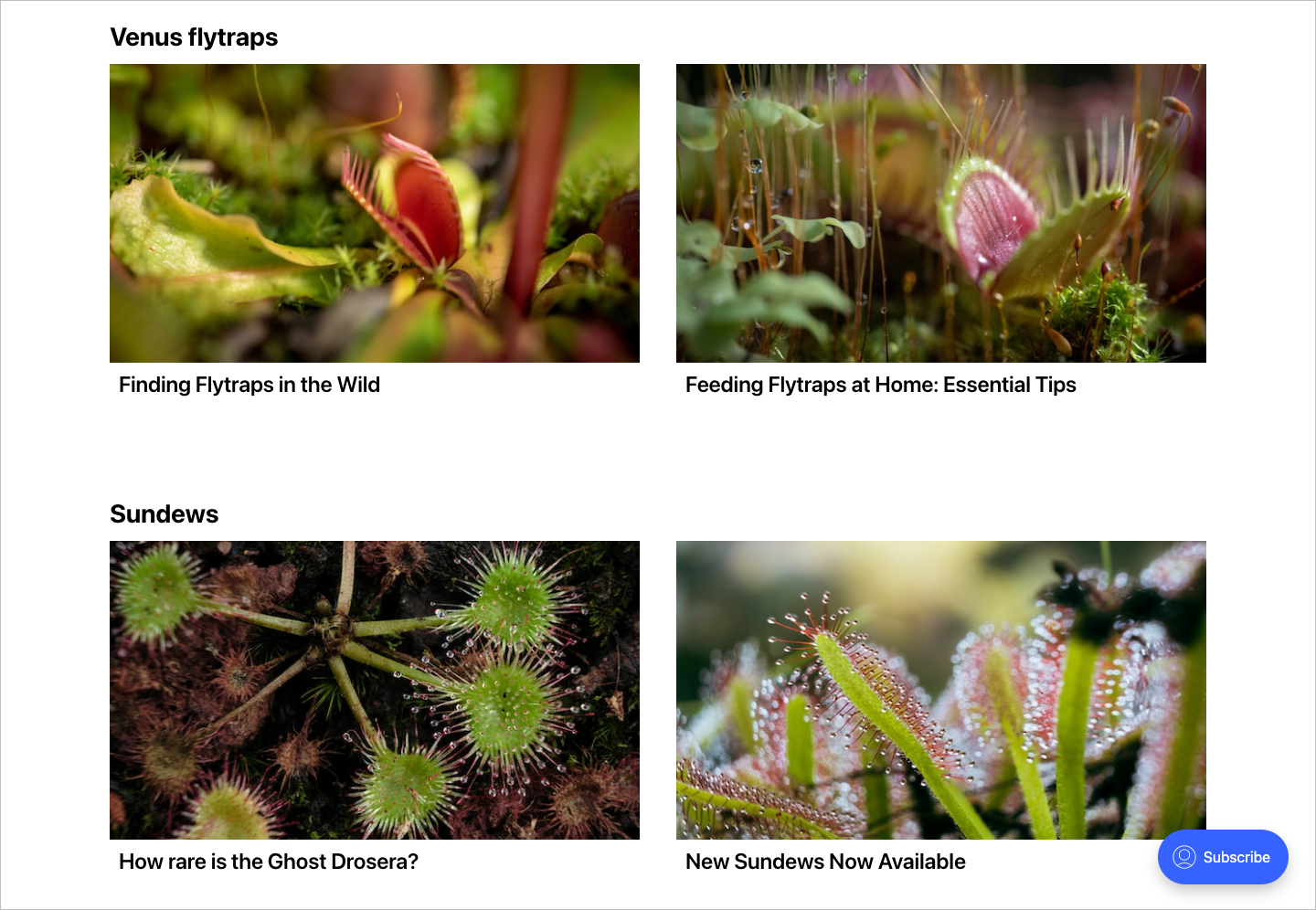 Custom home page with sections devoted to different species of carnivorous plants