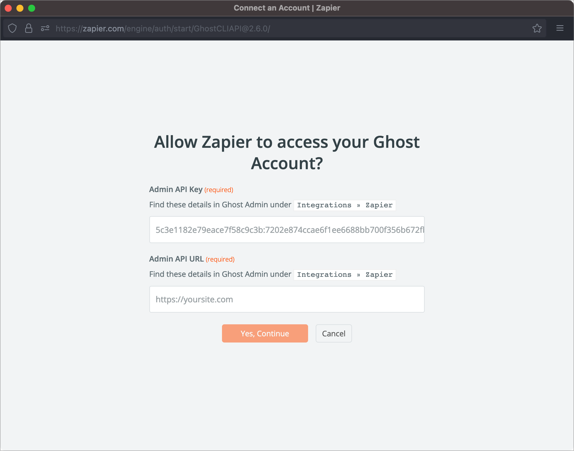 Zapier prompt to connect your Ghost site