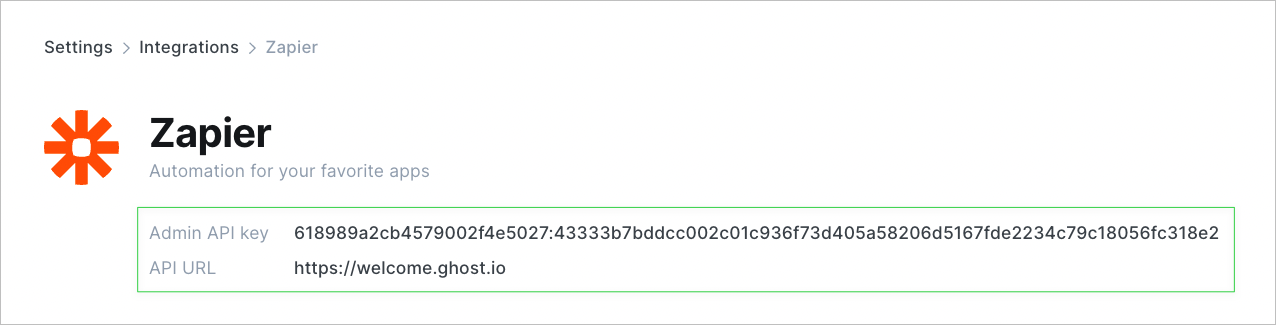 Zapier integration interface in Ghost