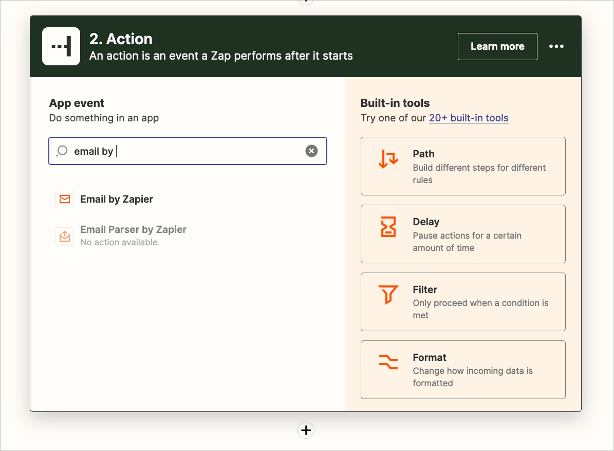 Add Email by Zapier as the action event