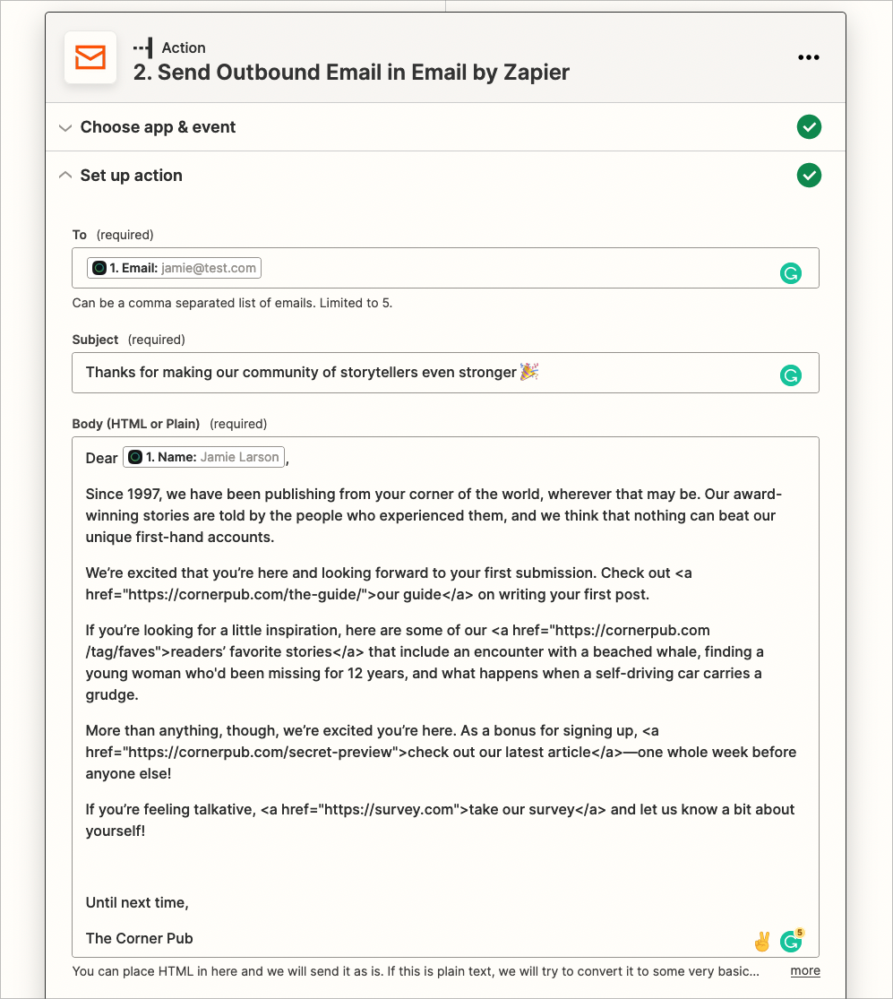 Email fields completed in Zapier