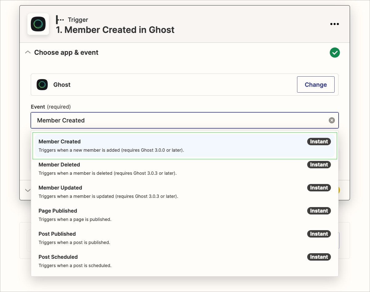Member created chosen as the Zapier trigger event