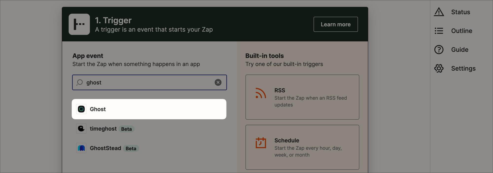 Ghost highlighted as trigger app on Zapier dashboard