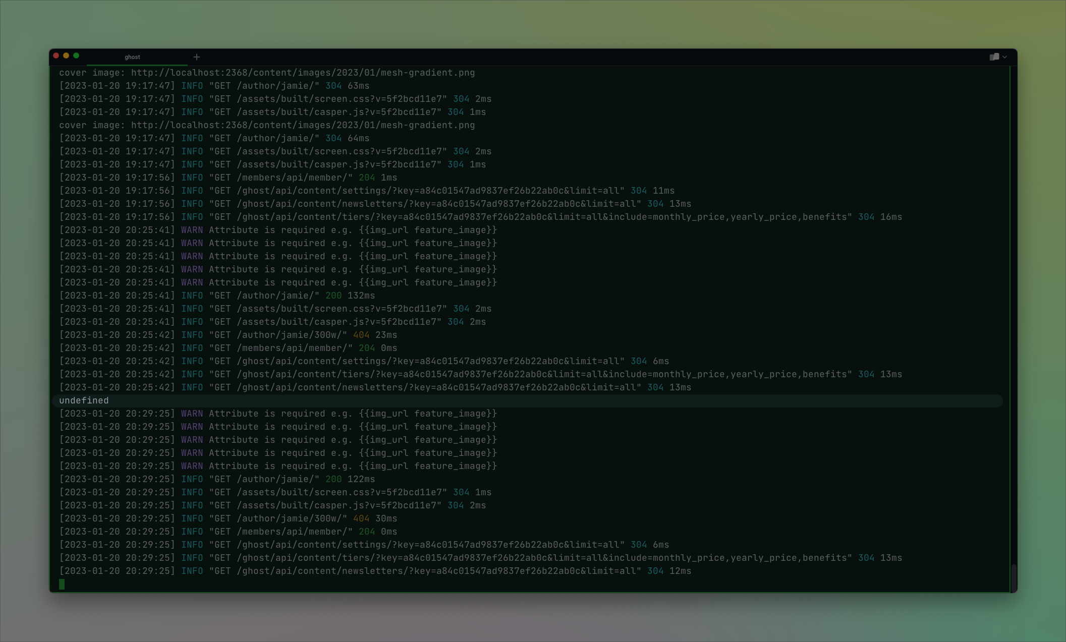 The terminal shows undefined
