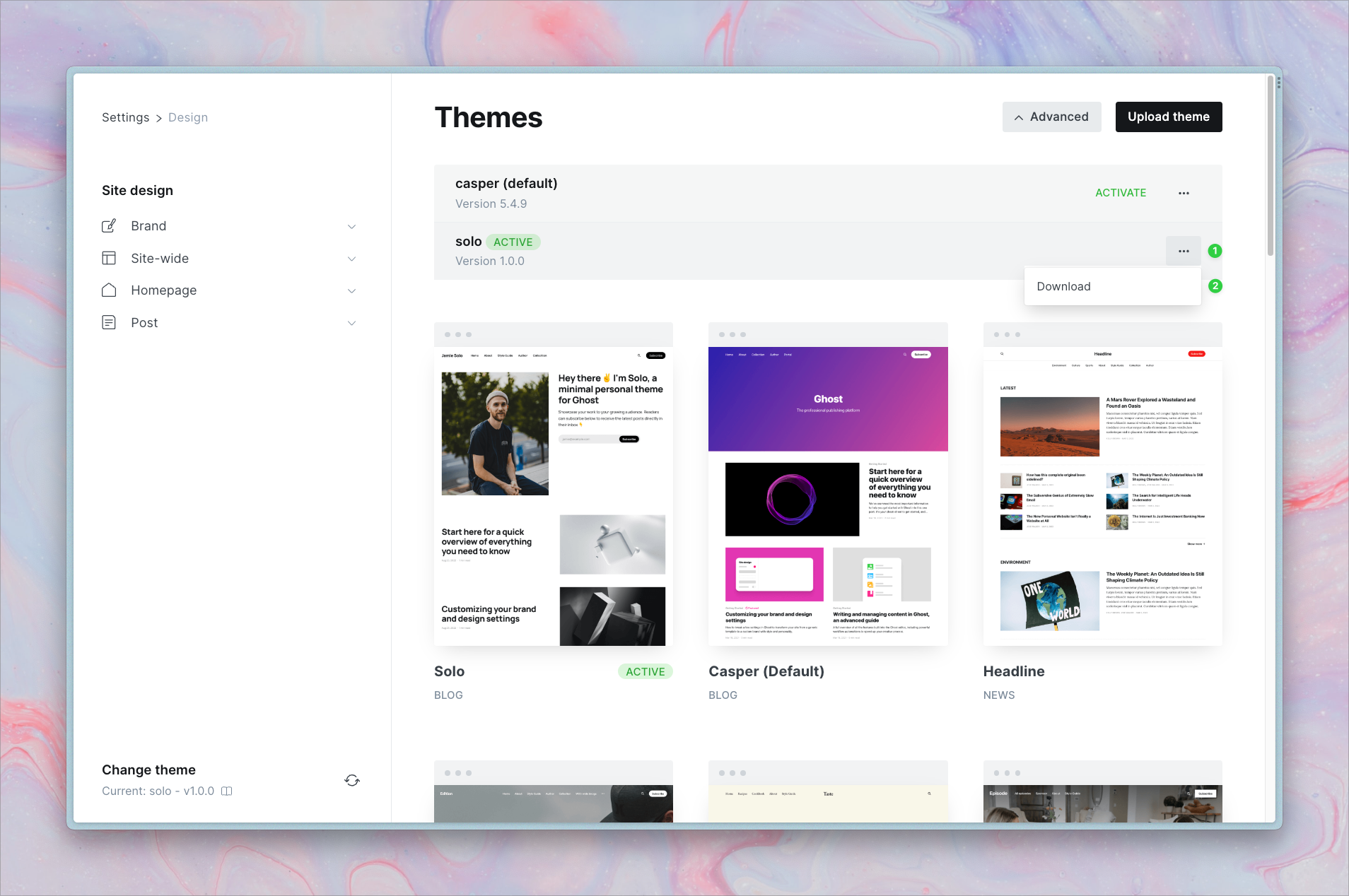Themes page with Download option highlighted