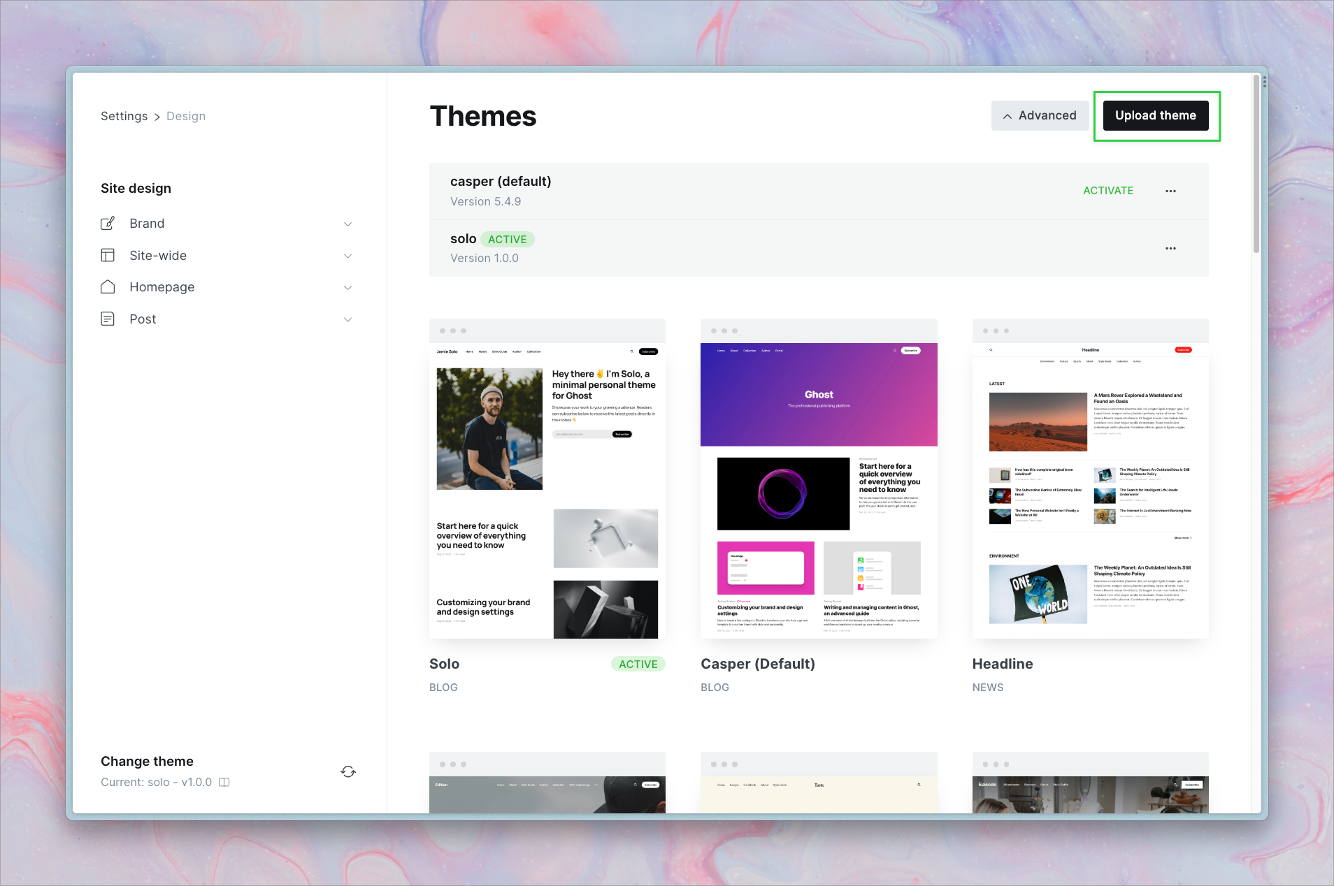 Themes page with Upload theme button highlighted