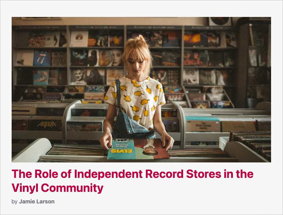 Example of a partial. A card with a young woman looking at records and the title and author byline of the article