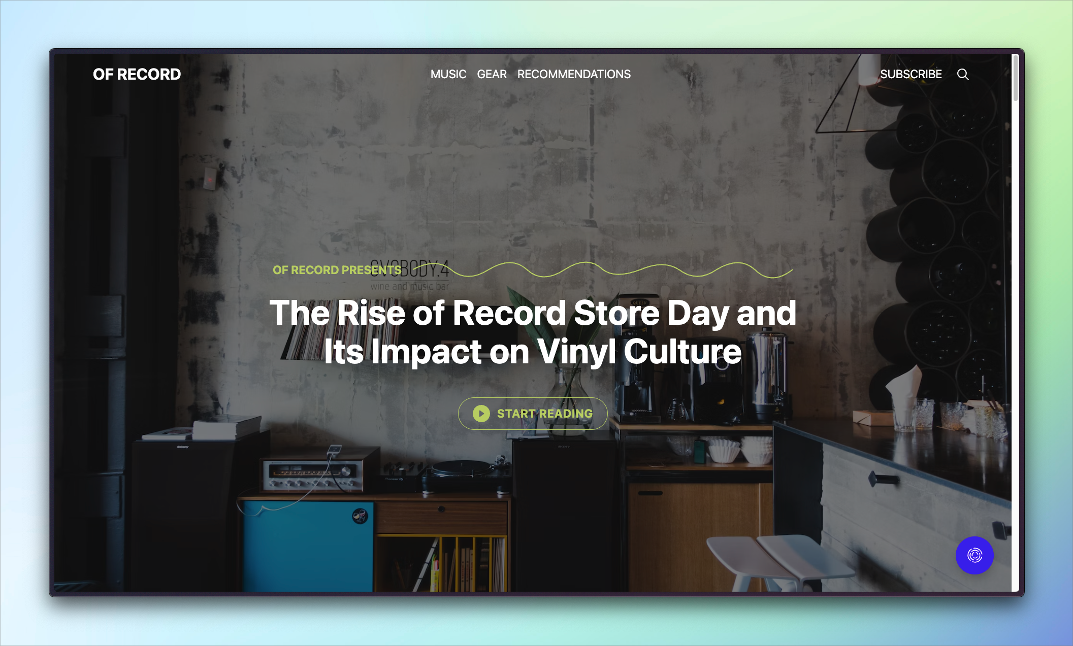 Of Record website. Homepage featuring a large hero image and article with text: Rise of Record Store Day