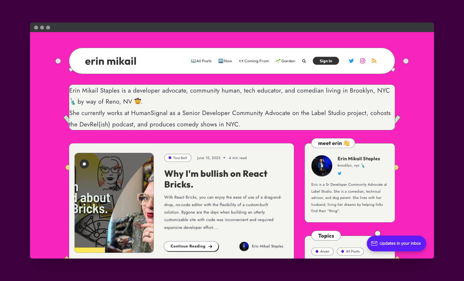 Erin Mikail's personal website with a bright pink background and cards with posts, twitter info, description, and more